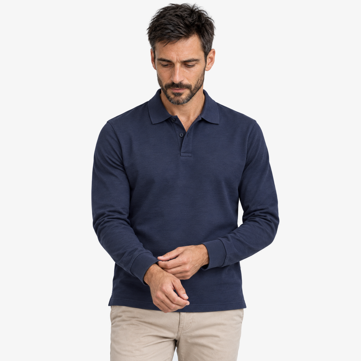 Joris polo met lange mouw in marineblauw, voorkant