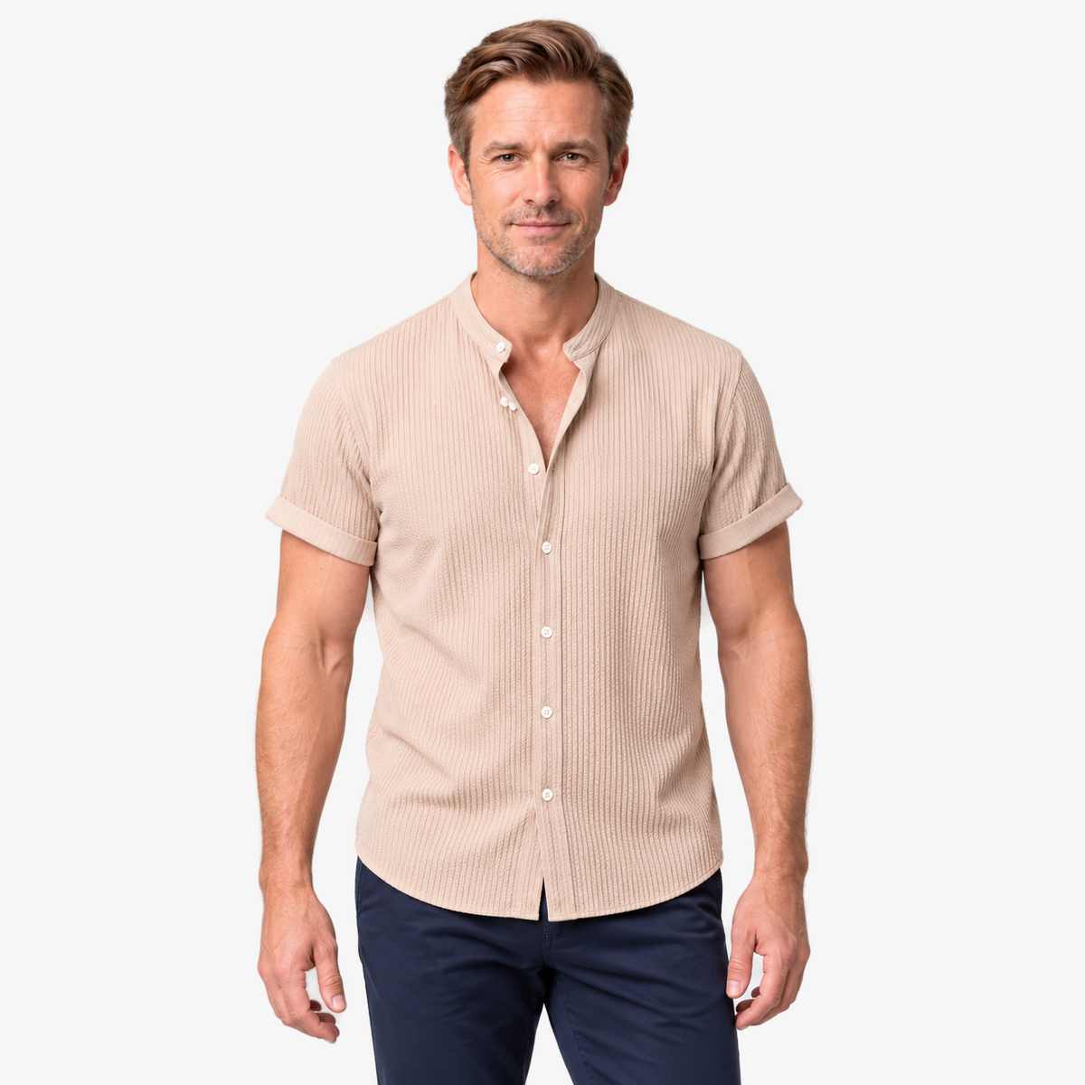 Muscle fit geribbeld shirt met staande kraag in lichtbruin