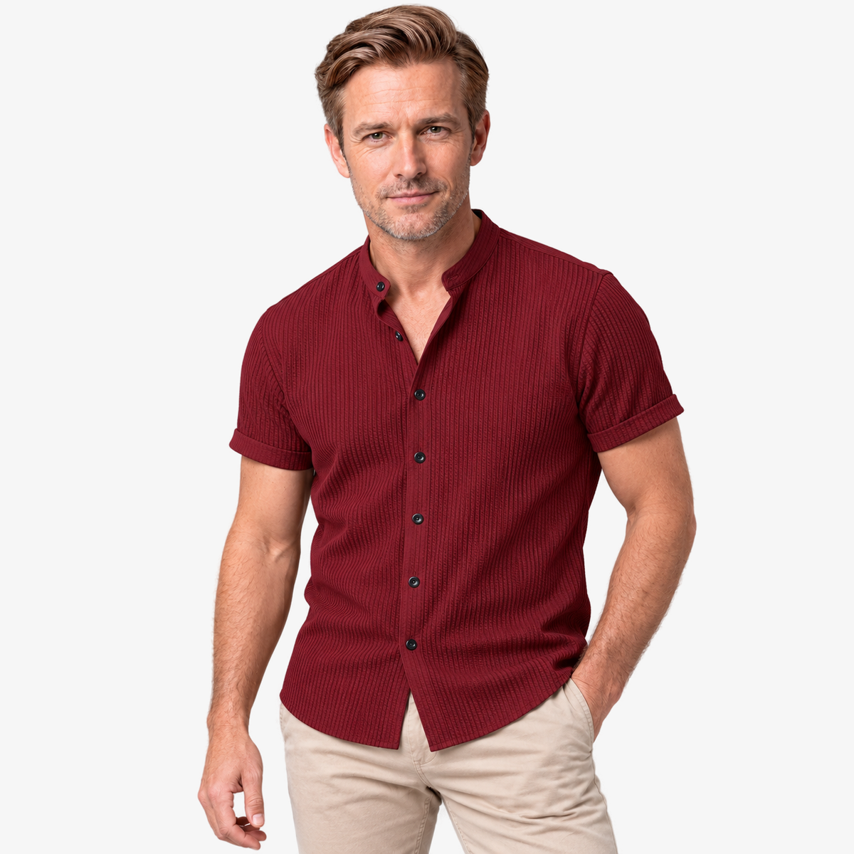 Muscle fit geribbeld shirt met staande kraag in donkerrood