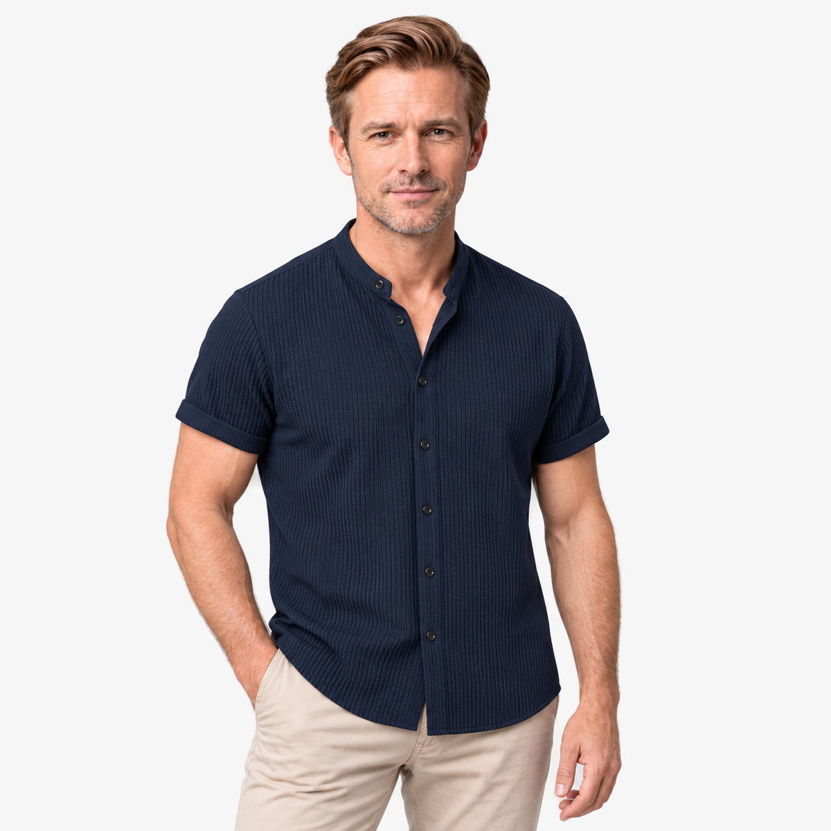 Muscle fit geribbeld shirt met staande kraag in donkerblauw