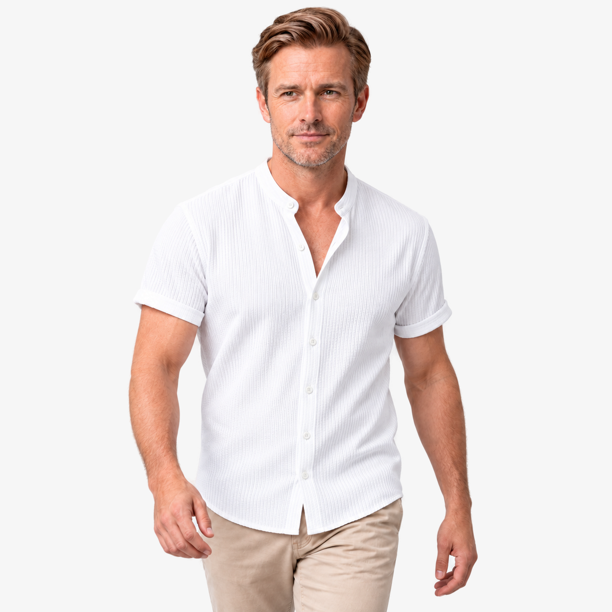 Muscle fit geribbeld shirt met staande kraag in wit