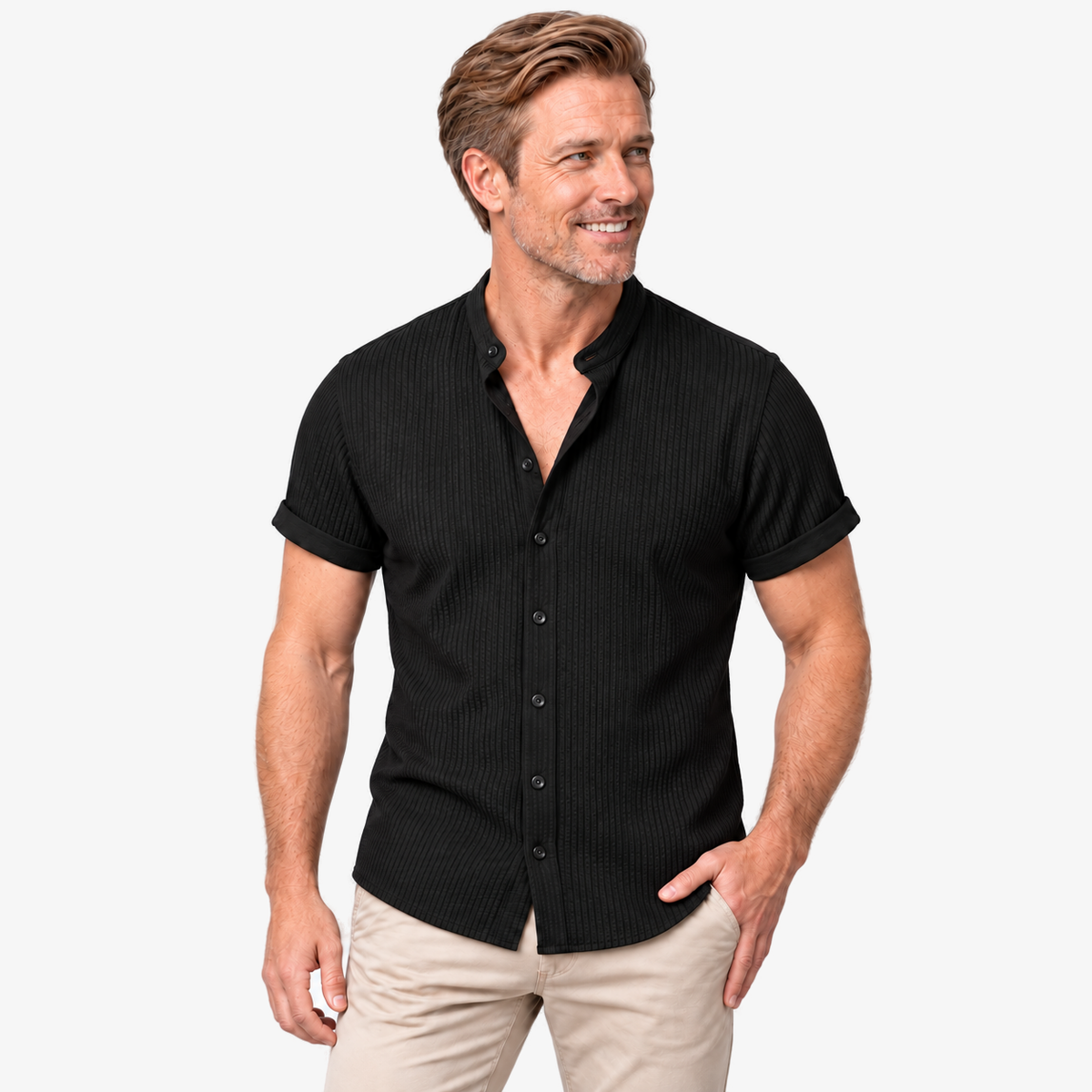 Muscle fit geribbeld shirt met staande kraag in zwart