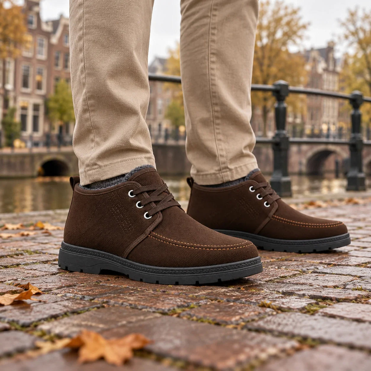 Beige suède herenschoenen op een kade bij de haven