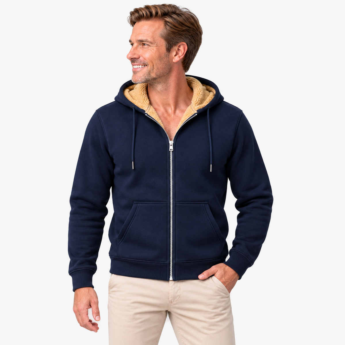 YNS unisex fleece jas met capuchon in marineblauw